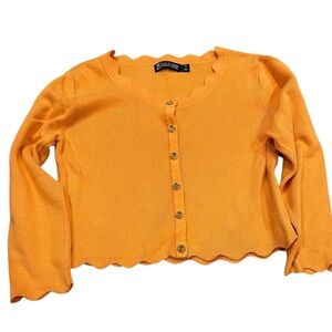Croquette Orange Bolero Top Jeweled Button| Scalloped Cropped Cardigan Blouse XS